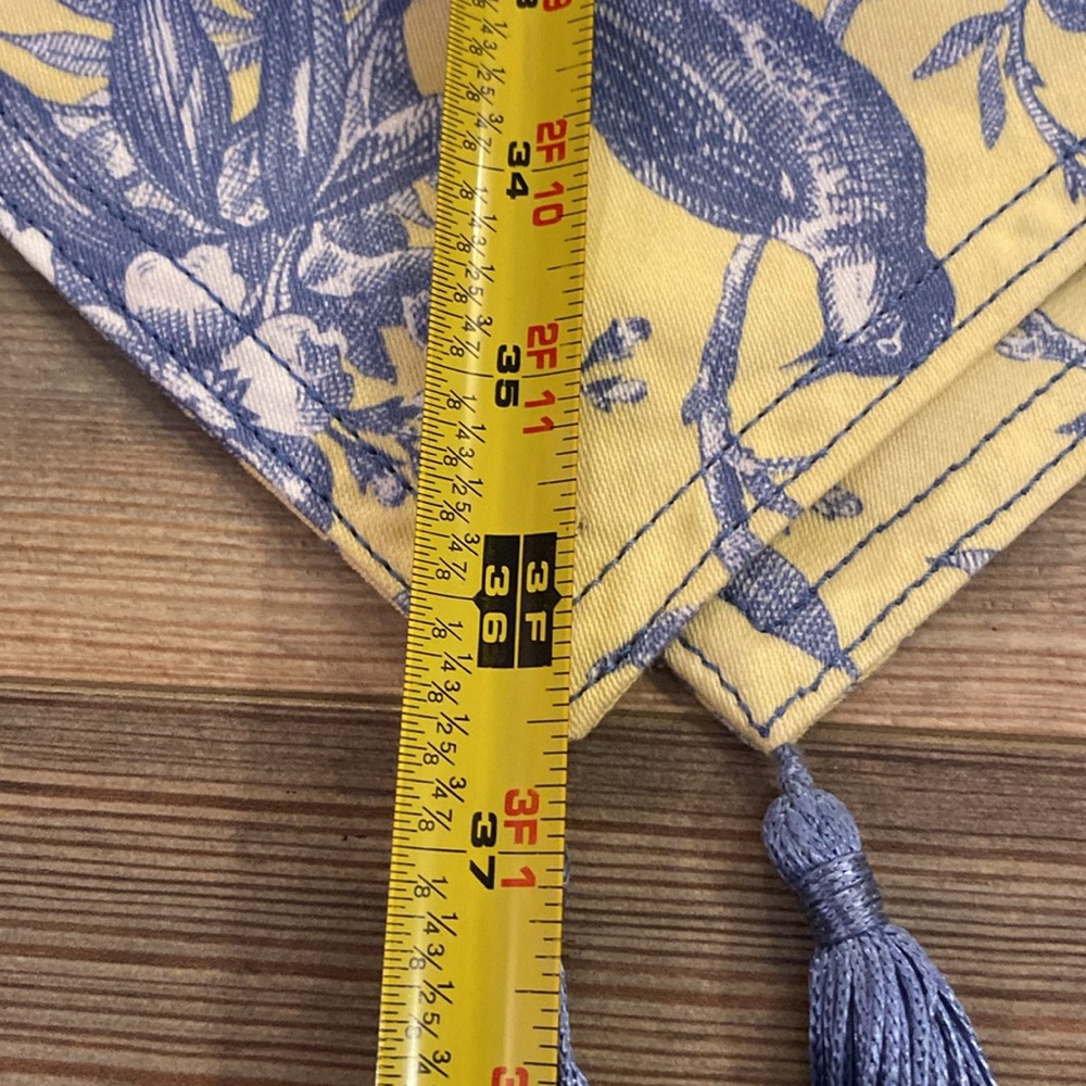 French Country Yellow and Blue Toile Table Runner with Tassels 6’ long Vintage - Picture 11 of 12